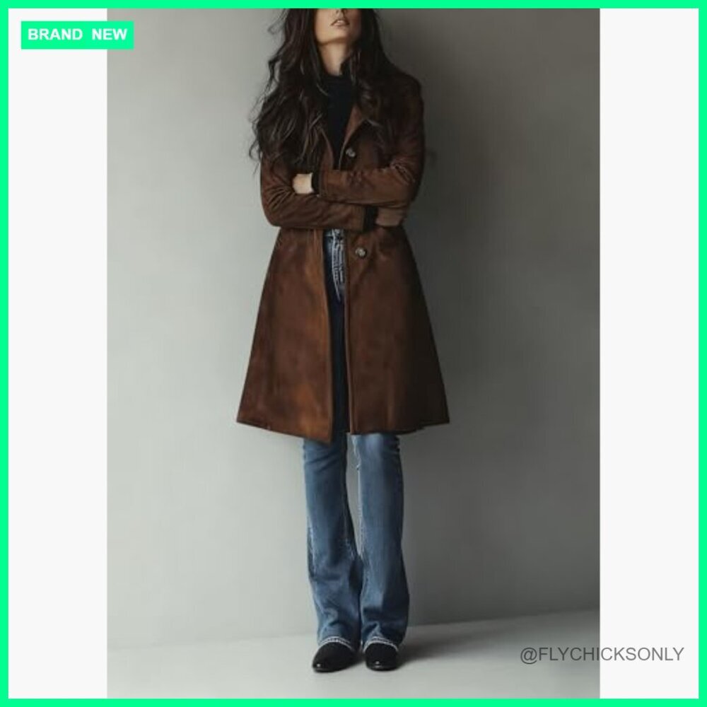 Faux Suede Trench Coat Women's Long Single Breasted Leather Overcoat - Picture 4 of 7